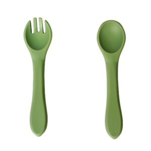 6pcs Baby Weaning Supplies, Silicone Baby Feeding Set, Suction Cup Divider with Suction Cup Adjustable Bib Soft Spoon Fork, Baby Self-Feeder Toddler Dinnerware Cutlery 6pack (Green)