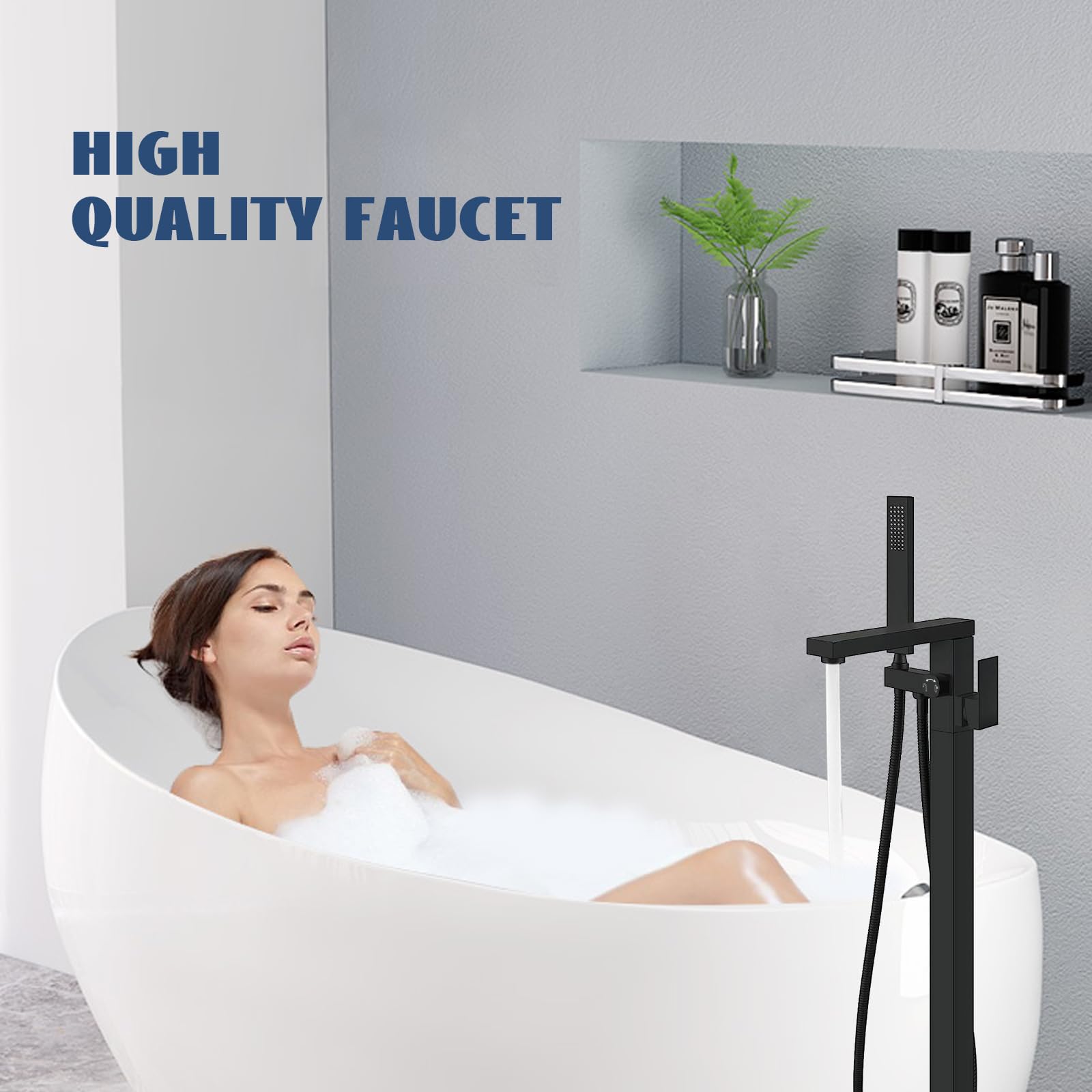 FAHKNS Matte Black Freestanding Bathtub Faucet Bathtub Filler Floor Standing Bathtub Faucet Single Handle Brass Faucet High Flow Shower Faucet with Hand Shower, Rust-proof Surface