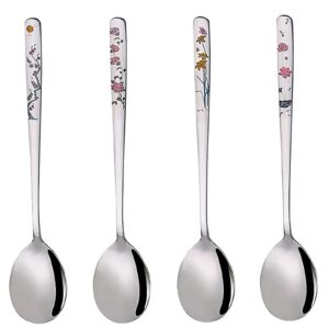 yapullya korean soup spoons, 18/8 stainless steel long handle 8 inch tablespoon, asian metal dinner spoons, set of 4 (flowers)