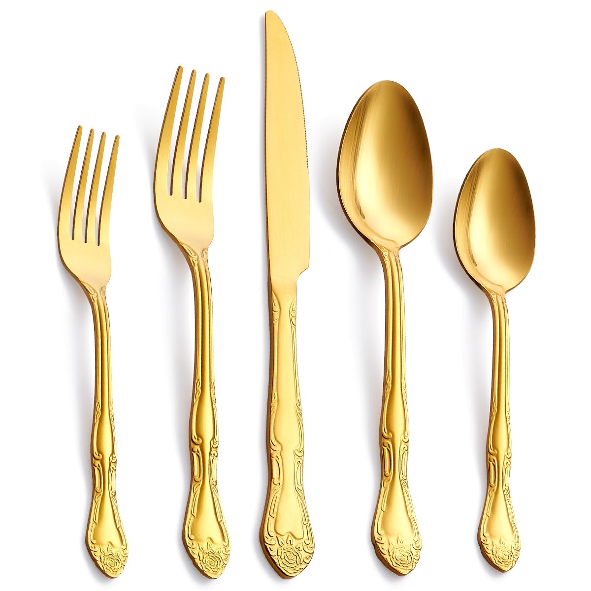 30-Piece Gold Silverware Set, FULLYWARE Stainless Steel Satin Finish Flatware Cutlery Set include Forks, Spoons and Knives, Rose Pattern Design, Service for 6