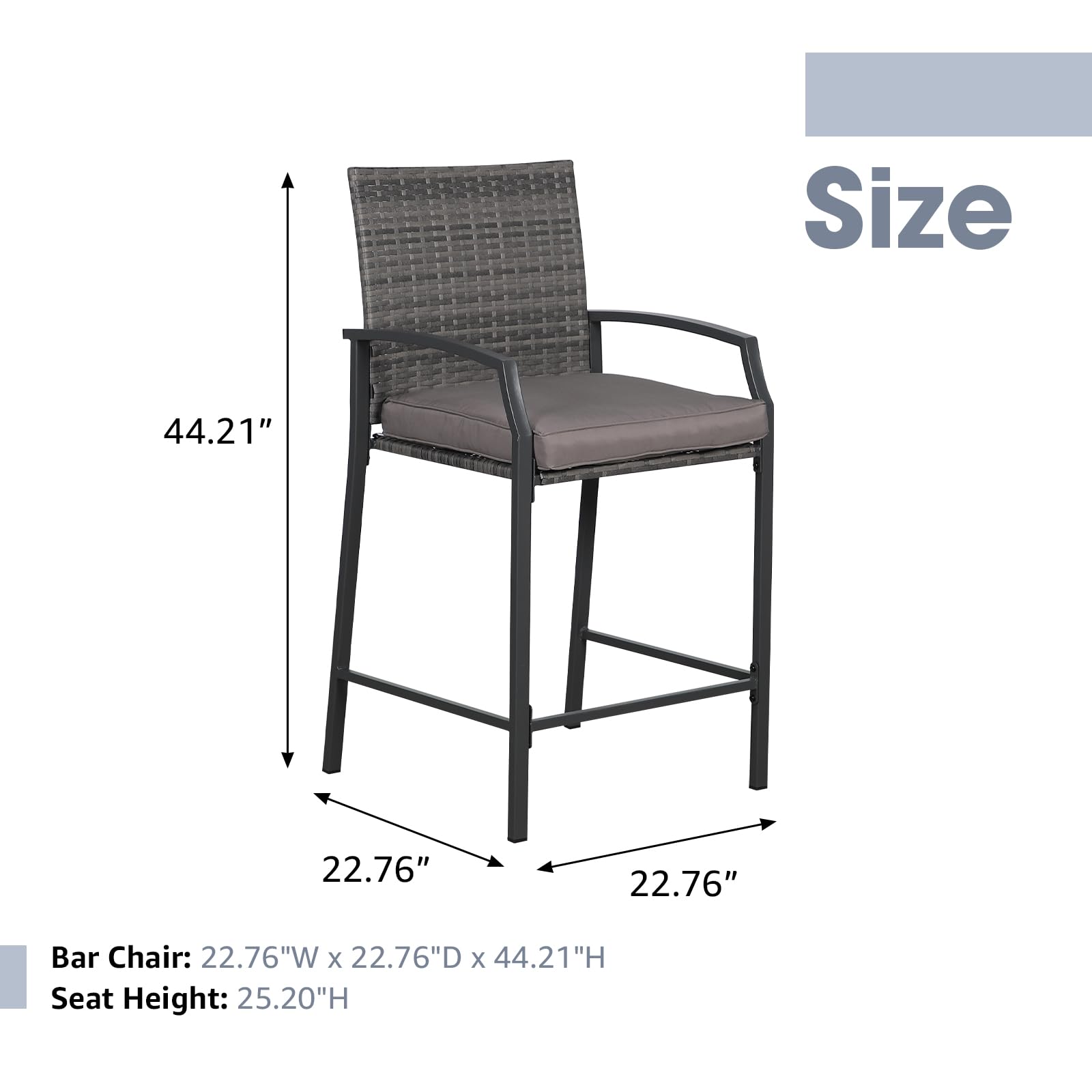 OC Orange-Casual Outdoor Bar Stool Set of 4, All-Weather Wicker High Top Patio Dining Chair, 4 Counter Height Rattan Barstools with High Back & Armrest, for Porch, Garden, Pub, Grey Cushion