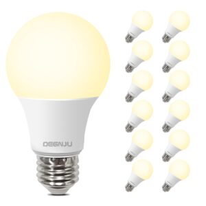 degnju a19 led light bulbs, 60 watt equivalent led bulbs, soft white 2700k, 800 lumens, e26 standard base, non-dimmable, 8.5w warm white led bulbs for bedroom living room, 12 pack