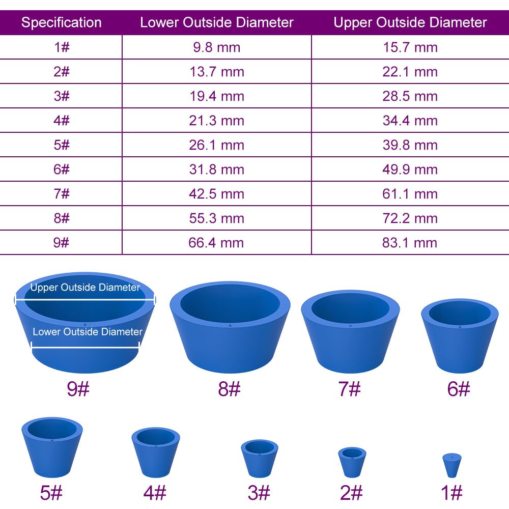 BorinGlass Filter Adapter Cones, 9 Pack White Wear-Resisting Tapered Collar Rubber Stopper Buchner Funnel Flask Cones Adapter Set, Smooth Surface, Blue