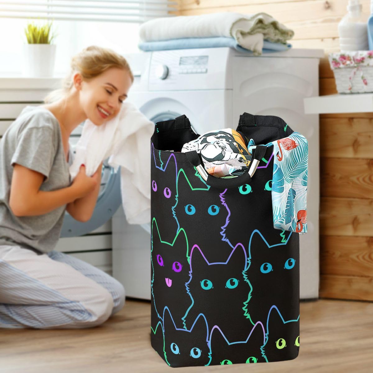 Aslsiy Neon Cats Black Laundry Basket Laundry Hamper with Handles Storage Basket Clothes Bucket Washing Bin Dirty Toy Baskets for Bathroom 50L