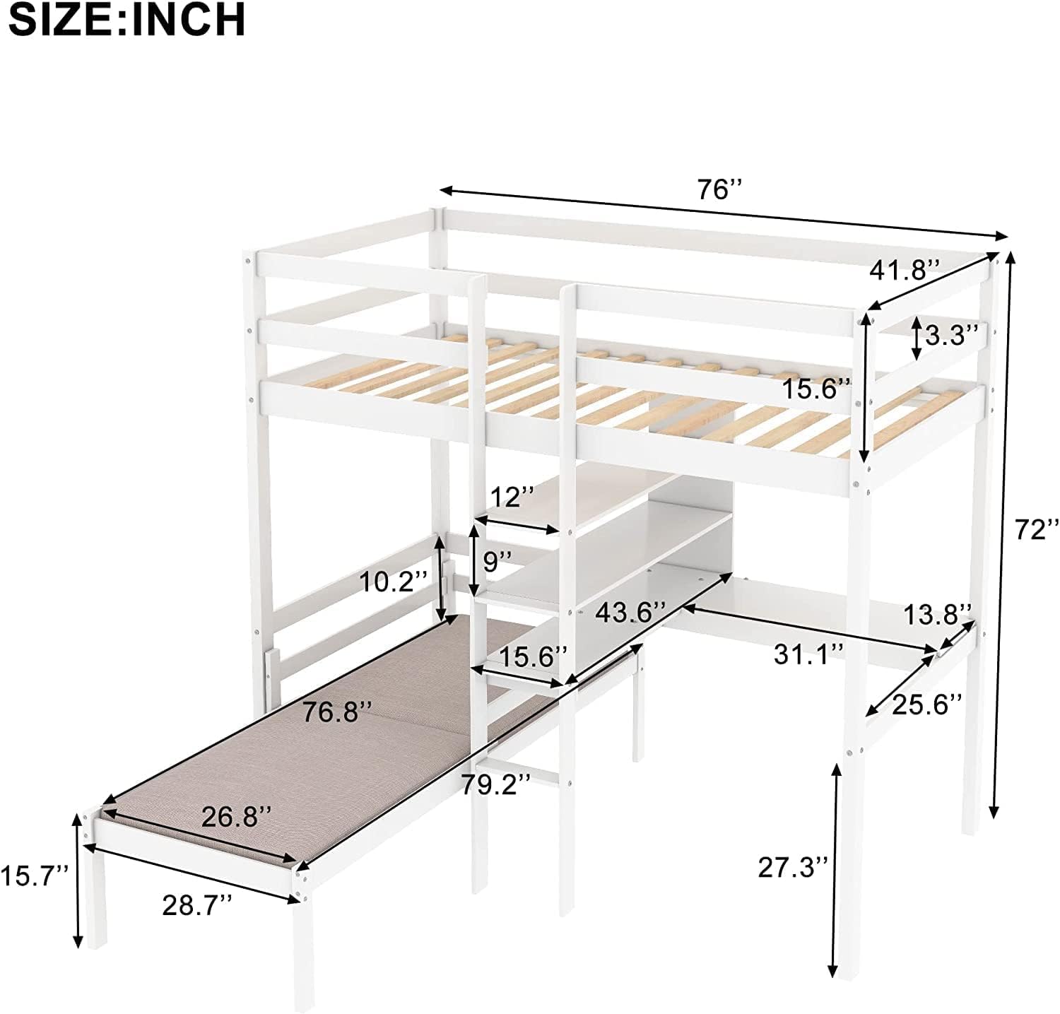 MERITLINE Twin Loft Bed with Desk,Wooden Twin Bunk Bed with Desk and Bookshelf,Convertible Loft Bed for Kids Girls Boys Teens Bedroom, No Box Spring Needed, White