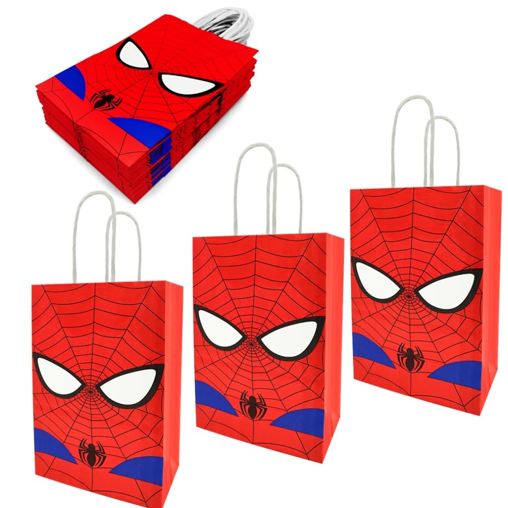 Joyday 24 PCS Superhero Party Favor Bags, Gift Bags with Handles, White Card Paper Comic Paper Bags for Kids Birthday Party Supplies Decorations Storage