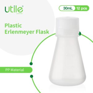 Utile Plastic Erlenmeyer Flask Set with Screw Caps, 12pcs of Vol.25ml Scientific Conical Flask Laboratory Flask, with Molded Graduations, 4023.0630.12