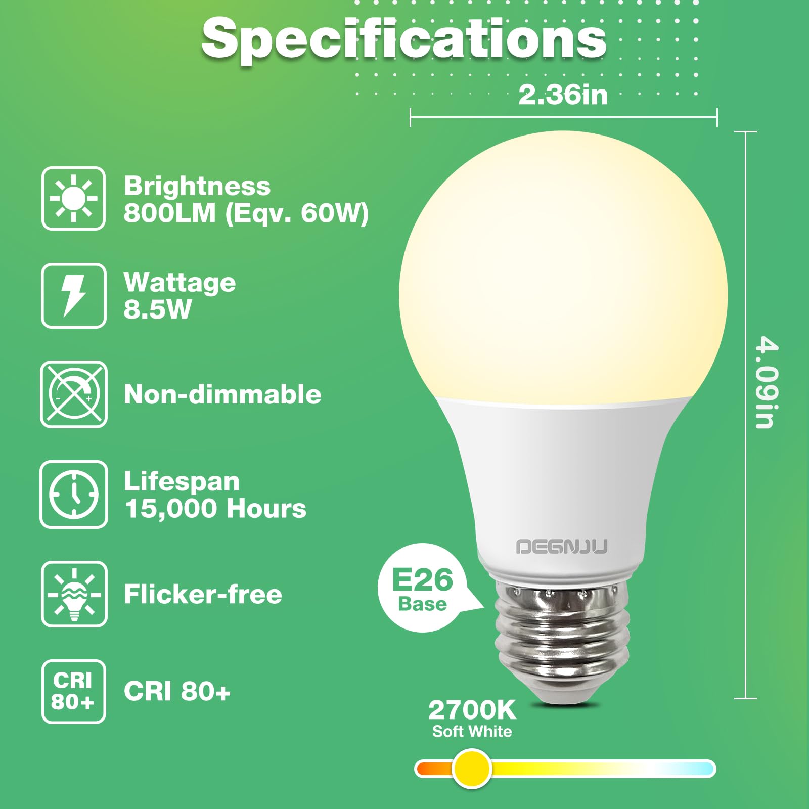 DEGNJU A19 LED Light Bulbs, 60 Watt Equivalent LED Bulbs, Soft White 2700K, 800 Lumens, E26 Standard Base, Non-Dimmable, 8.5W Warm White LED Bulbs for Bedroom Living Room, 12 Pack