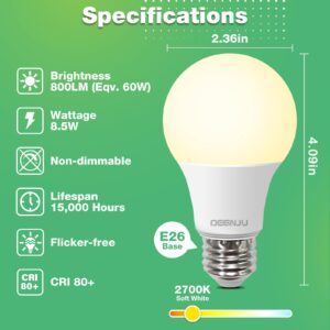 DEGNJU A19 LED Light Bulbs, 60 Watt Equivalent LED Bulbs, Soft White 2700K, 800 Lumens, E26 Standard Base, Non-Dimmable, 8.5W Warm White LED Bulbs for Bedroom Living Room, 3 Pack