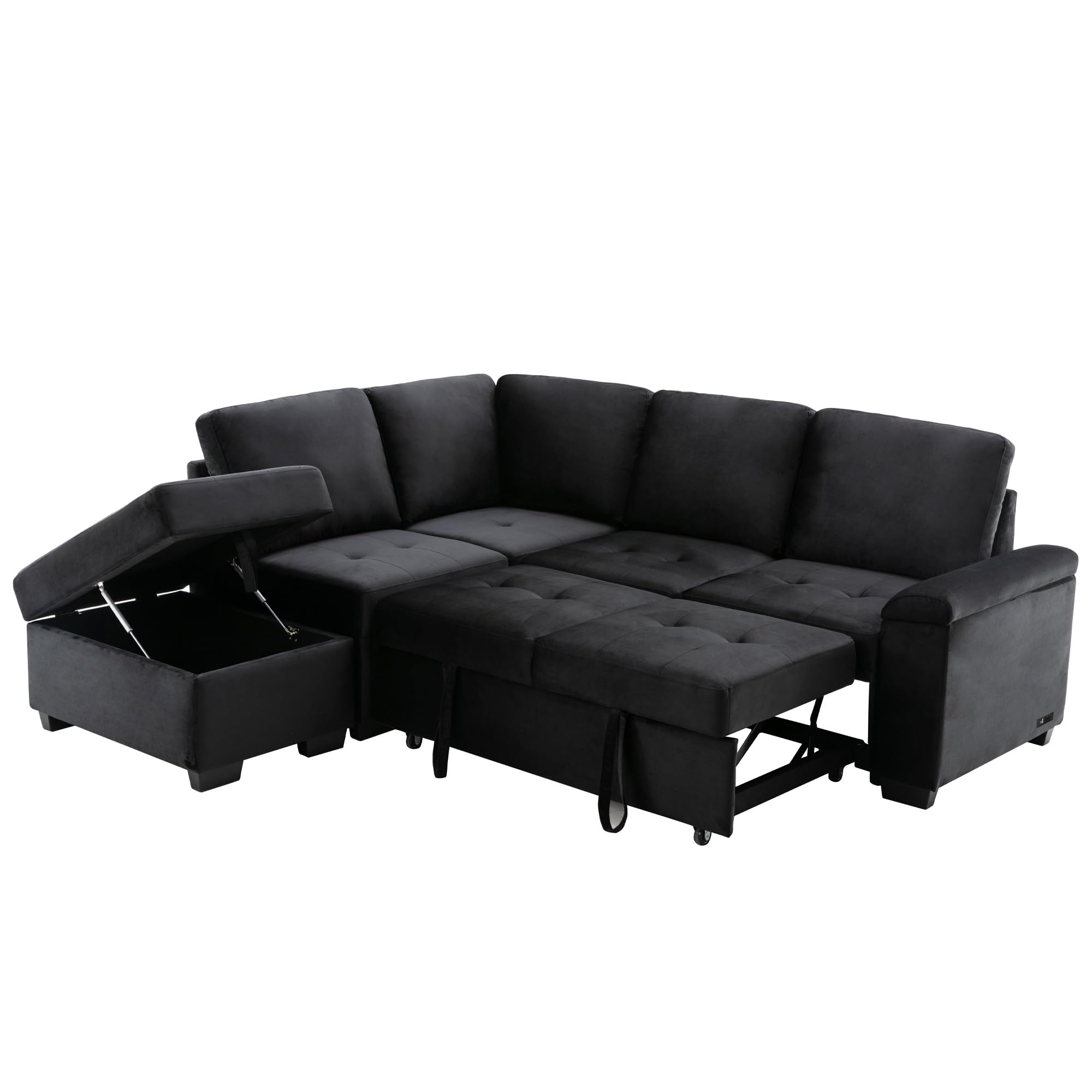 Bellemave Sectional Sleeper Sofa Pull Out Couch with Storage & USB Charging L Shaped Convertible Sofa Bed with Ottoman for Living Room Apartment, Black