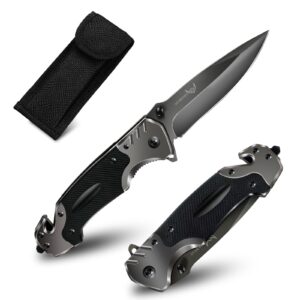 lonmuju pocket knives for men,camping knife with glass breaker & seatbelt cutter - g10 handle,ideal for camping,bbq,and tactical use