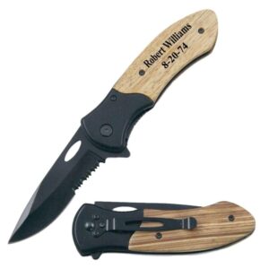 personalized quality half serrated tan wood handle pocket knife - free engraving