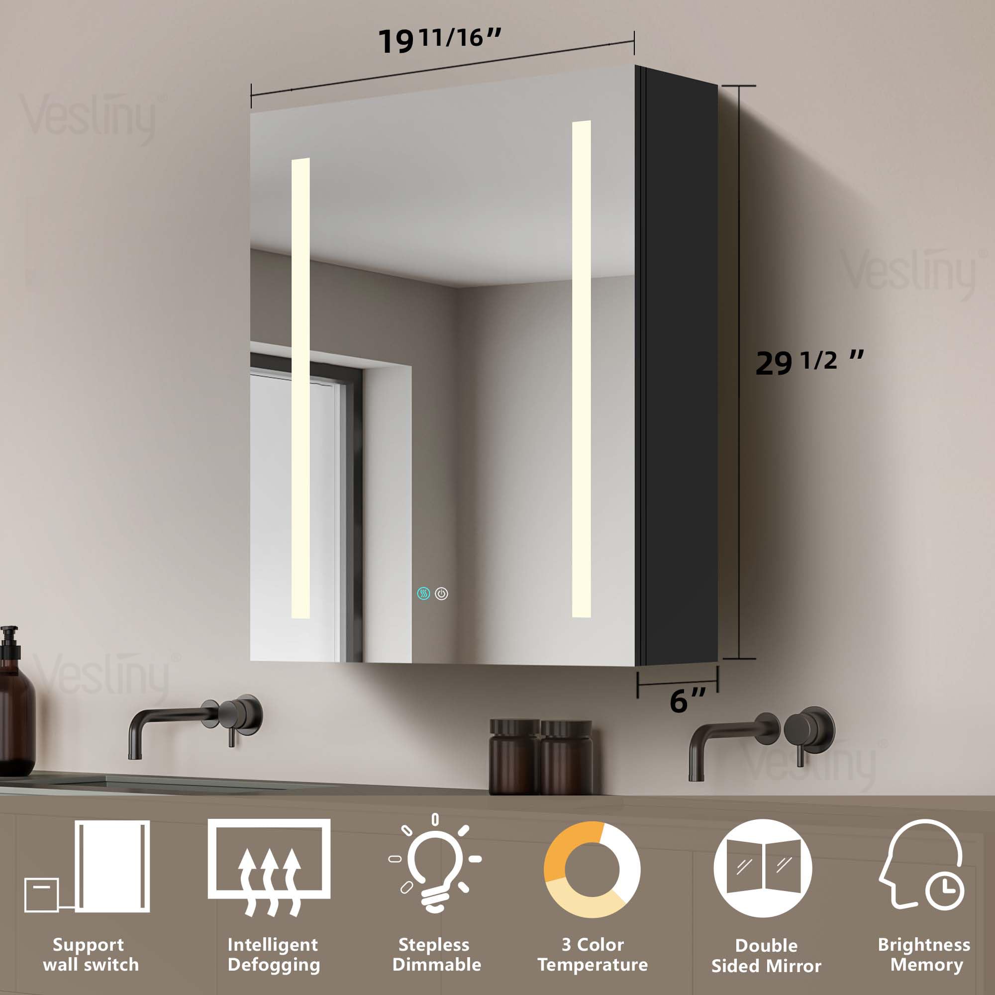 VESLINY Lighted Medicine Cabinet 20" X30"Anti-Fog 3 Color Lights Black LED Medicine Cabinet Mirror for Bathroom Dimmable Brightness Waterproof Aluminum Surface Mounted Medicine Cabinet with Mirror