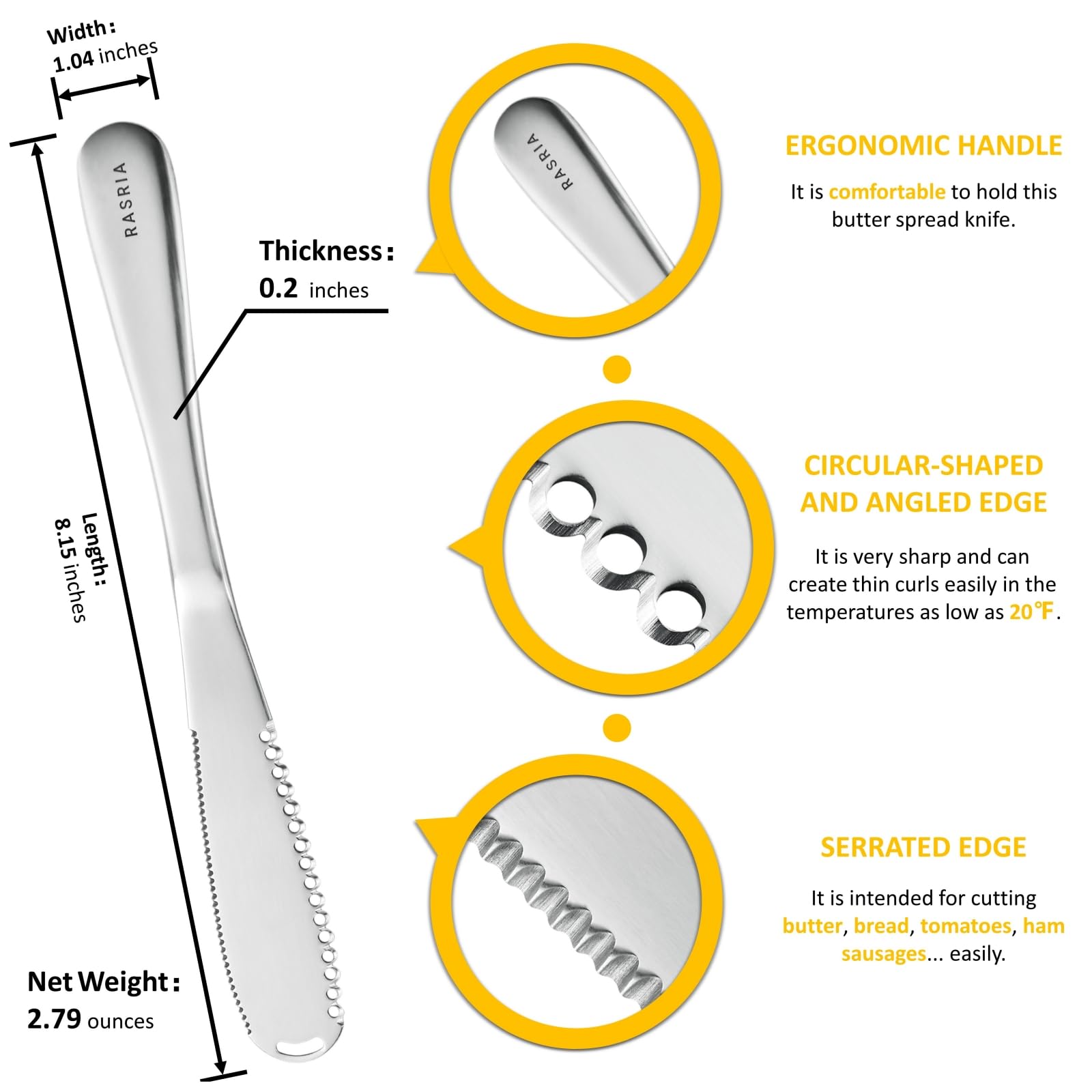 RASRIA Butter Spreader Knife for Cold Butter above 20℉, Butter Slicer, Butter Curler, Butter Grater, Butter Blade (2 knives)