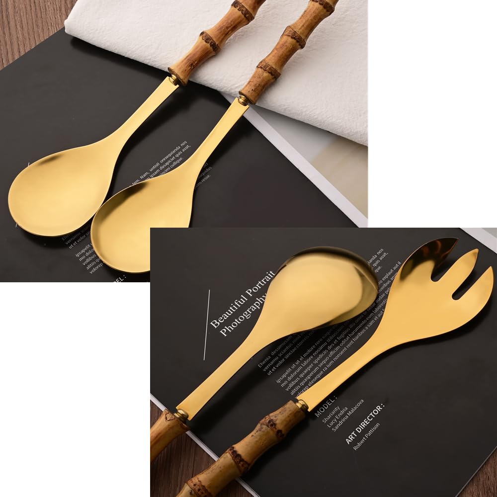 HamayuaZen Serving Utensils Set of 2, Stainless Steel Salad Servers and Salad Tongs, 10 Inch Salad Tosser, Serving Spoon and Fork Set with Bamboo Handle, Salad Tongs for Serving Flatware