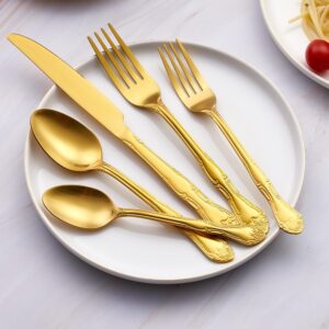 30-Piece Gold Silverware Set, FULLYWARE Stainless Steel Satin Finish Flatware Cutlery Set include Forks, Spoons and Knives, Rose Pattern Design, Service for 6