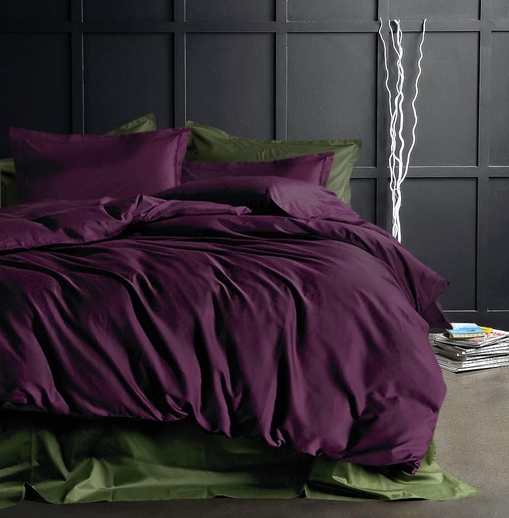 Eikei Solid Color Duvet Cover Luxury Bedding Set 400 Thread Count Egyptian Cotton Long Staple Sateen Weave Breathable Silky Soft Pima Premium Quality Bed Linen (Deep Plum, Queen)