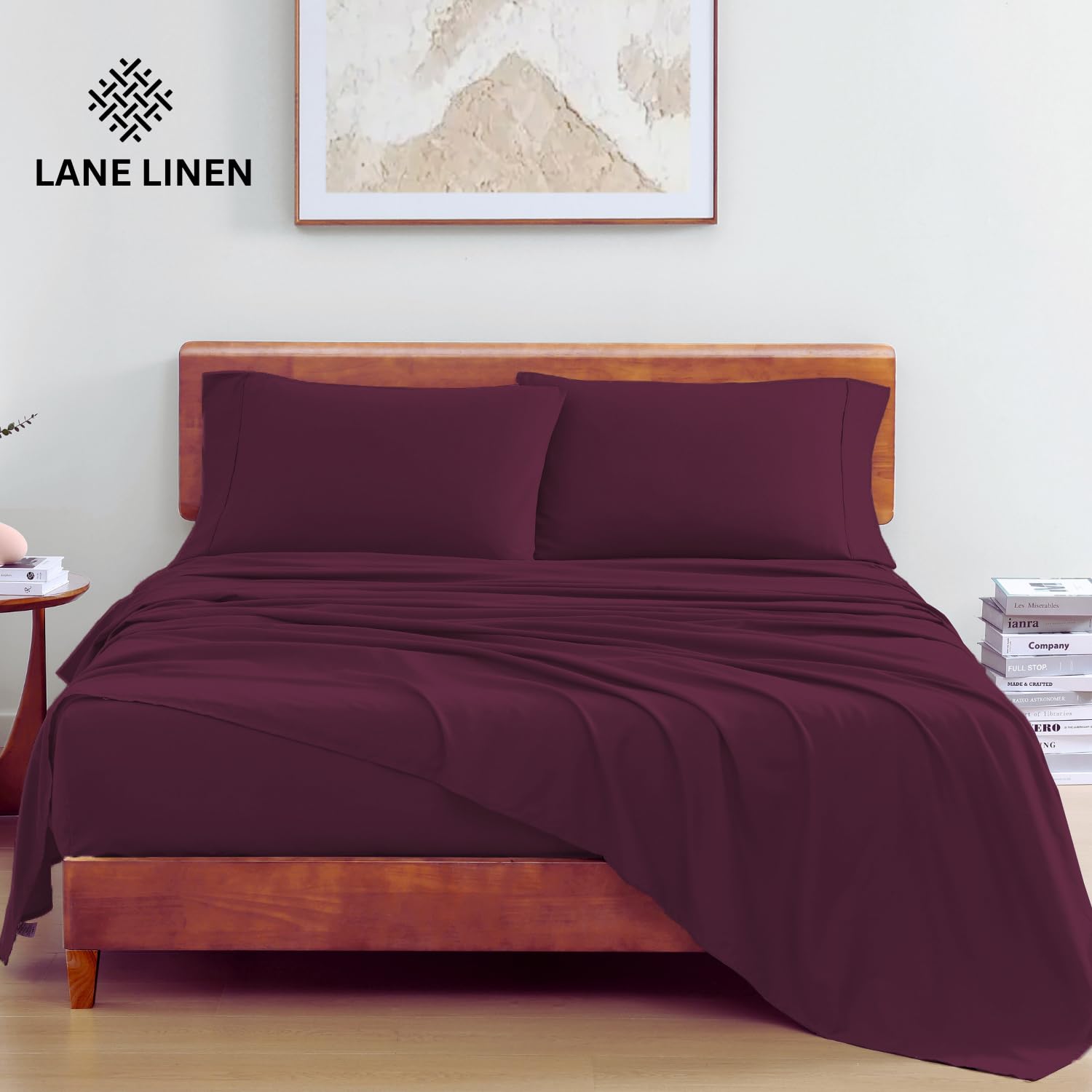 LANE LINEN 100% Organic Cotton Twin Bed Sheet Set, 3 Pc Twin Size Sheet Set, Soft & Breathable Twin Sheet Set Boys, Hotel Style Bedding Sheets & Pillowcases, 15" Deep Twin Fitted Sheet - Windsor Wine