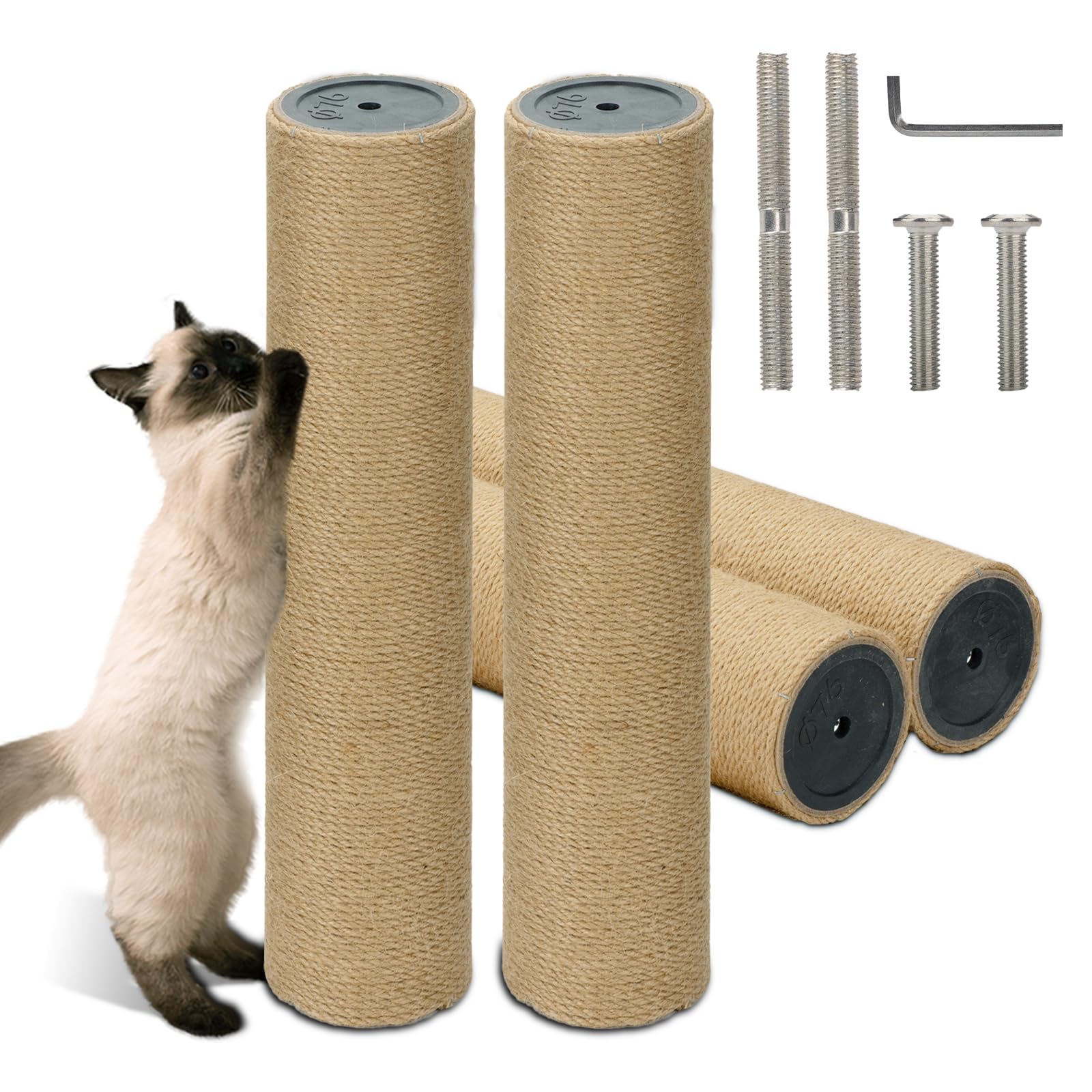 Cat Scratching Post Replacement - 15.7”x 3.8” Cat Tree Replacement Parts with M8 Screws, Cylinder Cat Tree Replacement Post Accessories for DIY Cat Tower Cat Hammock (Natural Jute, 4 Pack)