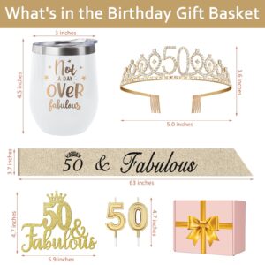 Juesly 50th Birthday Gifts Women Including 12oz Tumbler/Mug for Wine or Coffee, 50th Birthday Decorations Women Crown, Sash, Cake Topper and Candles, 50 Year Old Birthday Gifts Idea