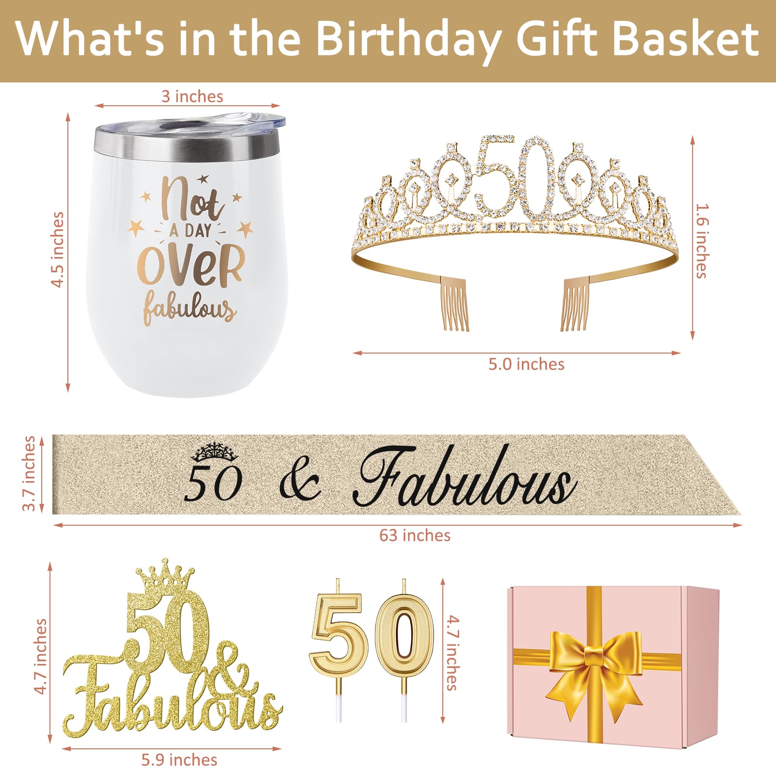 Juesly 50th Birthday Gifts Women Including 12oz Tumbler/Mug for Wine or Coffee, 50th Birthday Decorations Women Crown, Sash, Cake Topper and Candles, 50 Year Old Birthday Gifts Idea