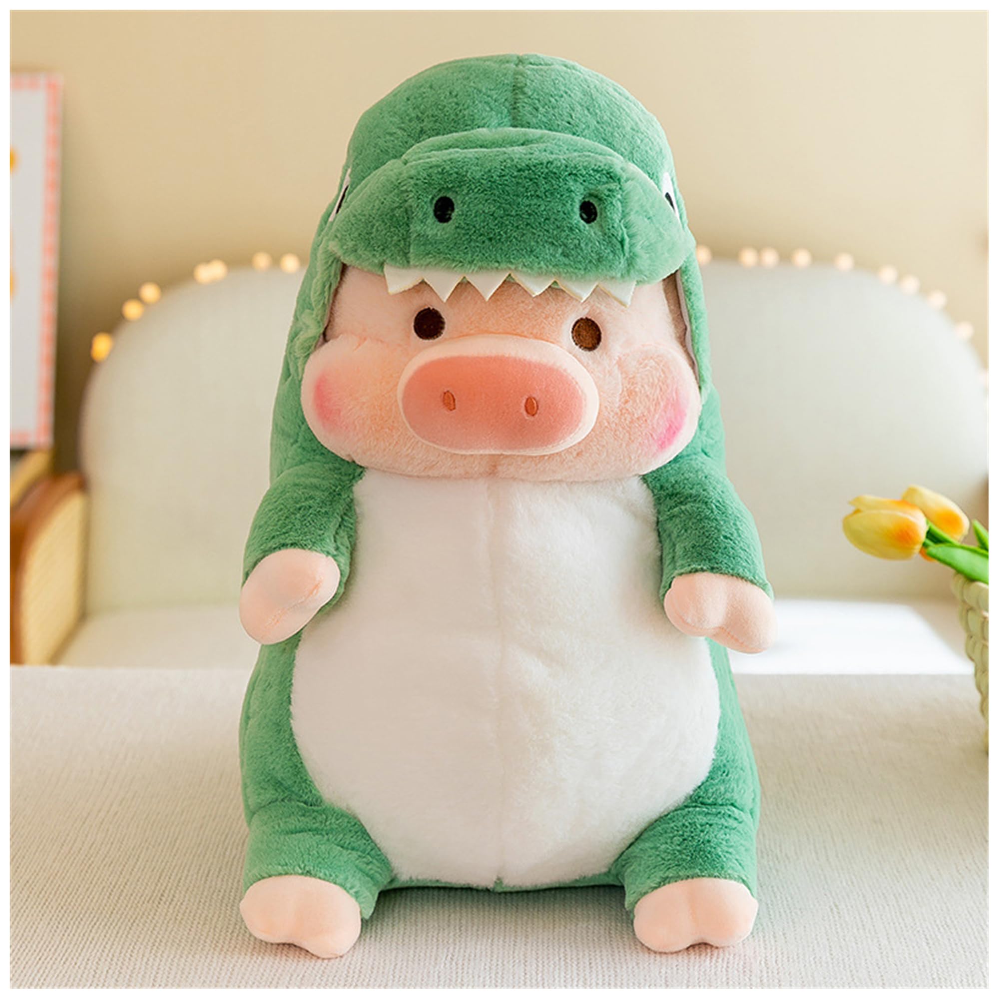 LANFIRE Pig Plush Stuffed Toy Pig Dressed as Shark Dinosaur Cute Plush Pillow for Boys Girls (Green, 15.6 in)