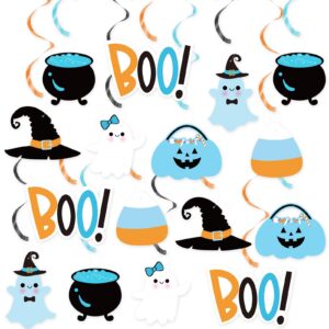 blue halloween baby shower party hanging swirl decor, cute ghost cauldron ceiling hanging streamer for boy halloween theme little boo happy boo day spooky one a little boo is almost due party supplies