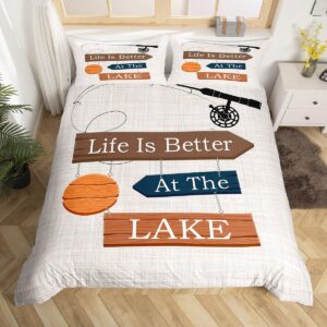 castle fairy lake themed bedding set king size for woman men,life is better at the lake comforter cover with 2 pillowcases,lake fishing country wooden board duvet cover set microfiber quilt cover