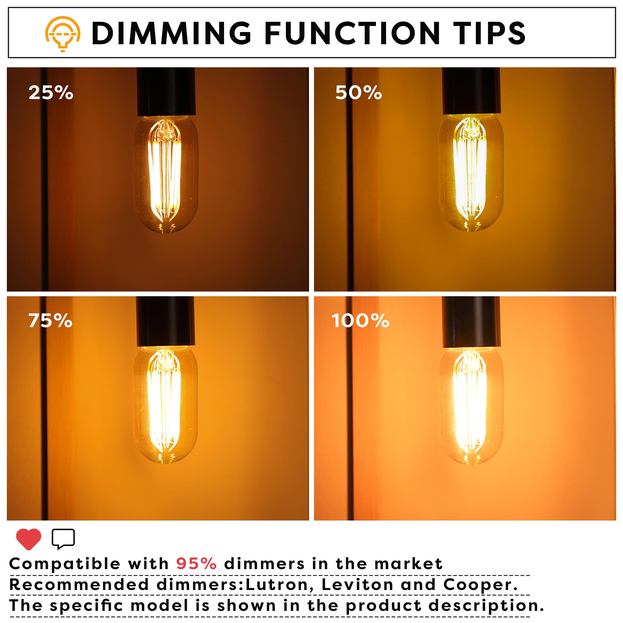 Sphoon Amber Light Bulb,Dimmable Tubular led Bulb, T45 Edison LED Bulbs, 60W Equivalent, 6W 500lm, 2200K Warm White, LED Filament Bulbs with 80+ CRI, Pack of 2