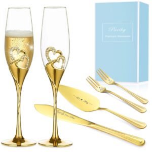 parihy gold wedding cake knife and server set, wedding champagne flutes, wedding engagement gifts toasting glasses for couple bride and groom, cake cutting set of 4 for wedding