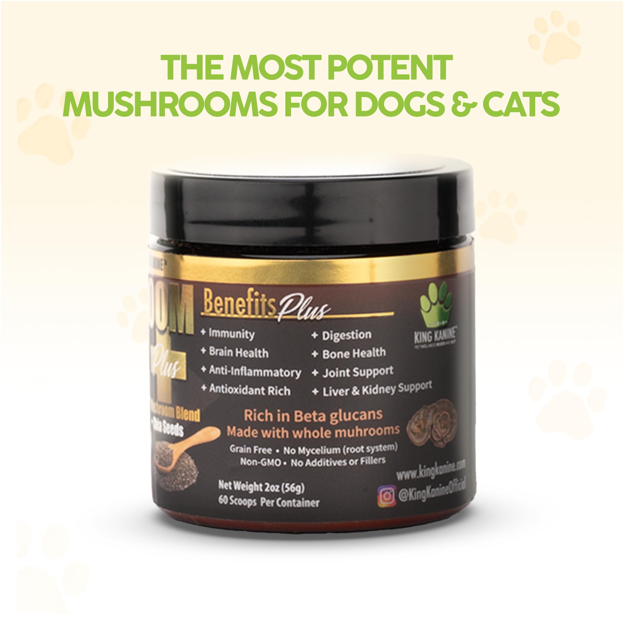 King Kanine Mushroom Plus, Protein & Joints 6 oz | Organic Powder to Improve Optimal Health & Pets Wellness | Supplement for Dogs & Cats Care Made with Fiber & Vitamins | Veterinarian Approved