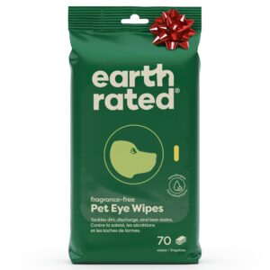 earth rated pet eye wipes, hypoallergenic eye wipes for dogs & cats to prevent tear stains & eye discharge, fragrance free, 70 count