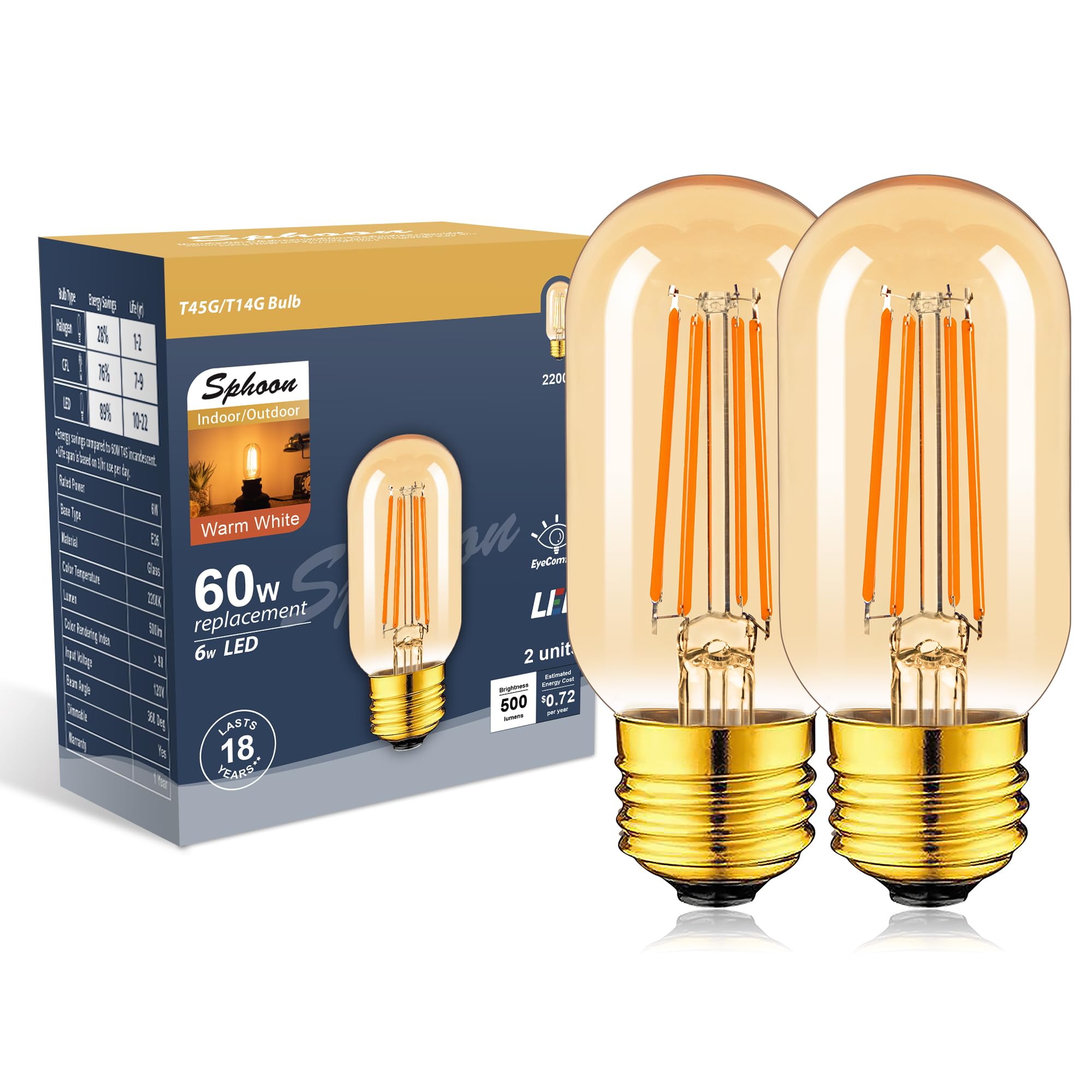 Sphoon Amber Light Bulb,Dimmable Tubular led Bulb, T45 Edison LED Bulbs, 60W Equivalent, 6W 500lm, 2200K Warm White, LED Filament Bulbs with 80+ CRI, Pack of 2