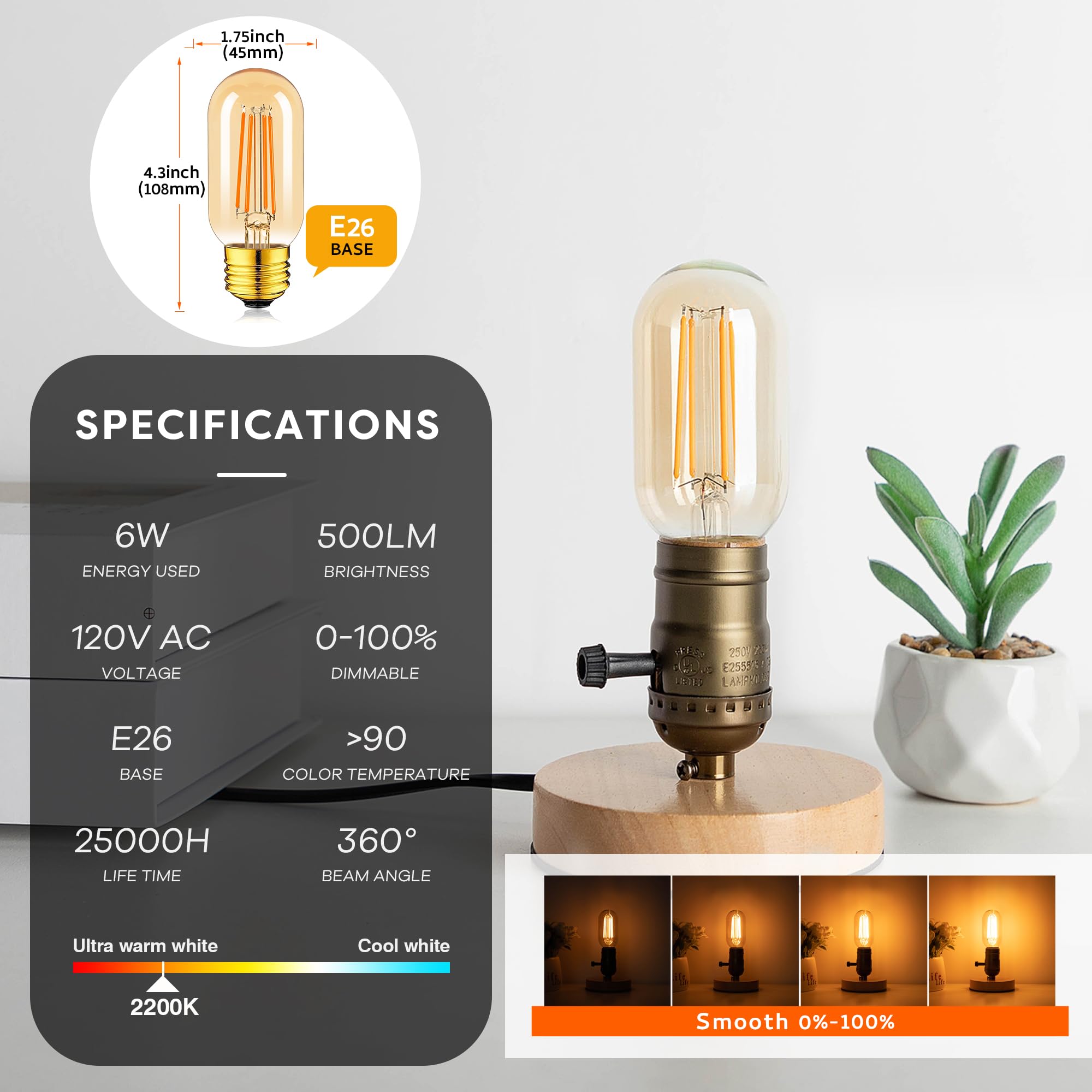 Sphoon Amber Light Bulb,Dimmable Tubular led Bulb, T45 Edison LED Bulbs, 60W Equivalent, 6W 500lm, 2200K Warm White, LED Filament Bulbs with 80+ CRI, Pack of 2