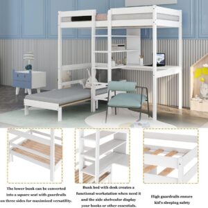 MERITLINE Twin Loft Bed with Desk,Wooden Twin Bunk Bed with Desk and Bookshelf,Convertible Loft Bed for Kids Girls Boys Teens Bedroom, No Box Spring Needed, White