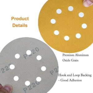 Aiyard 5-Inch 8-Hole Hook and Loop Sanding Discs 220-Grit Random Orbit Sandpaper, 50-Pack