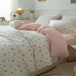 AMWAN Pink Floral Duvet Cover Twin XL Cotton Garden Bedding Sets Kids Girls White Comforter Aesthetic Botanical Vintage Flower Print with Zipper Ties