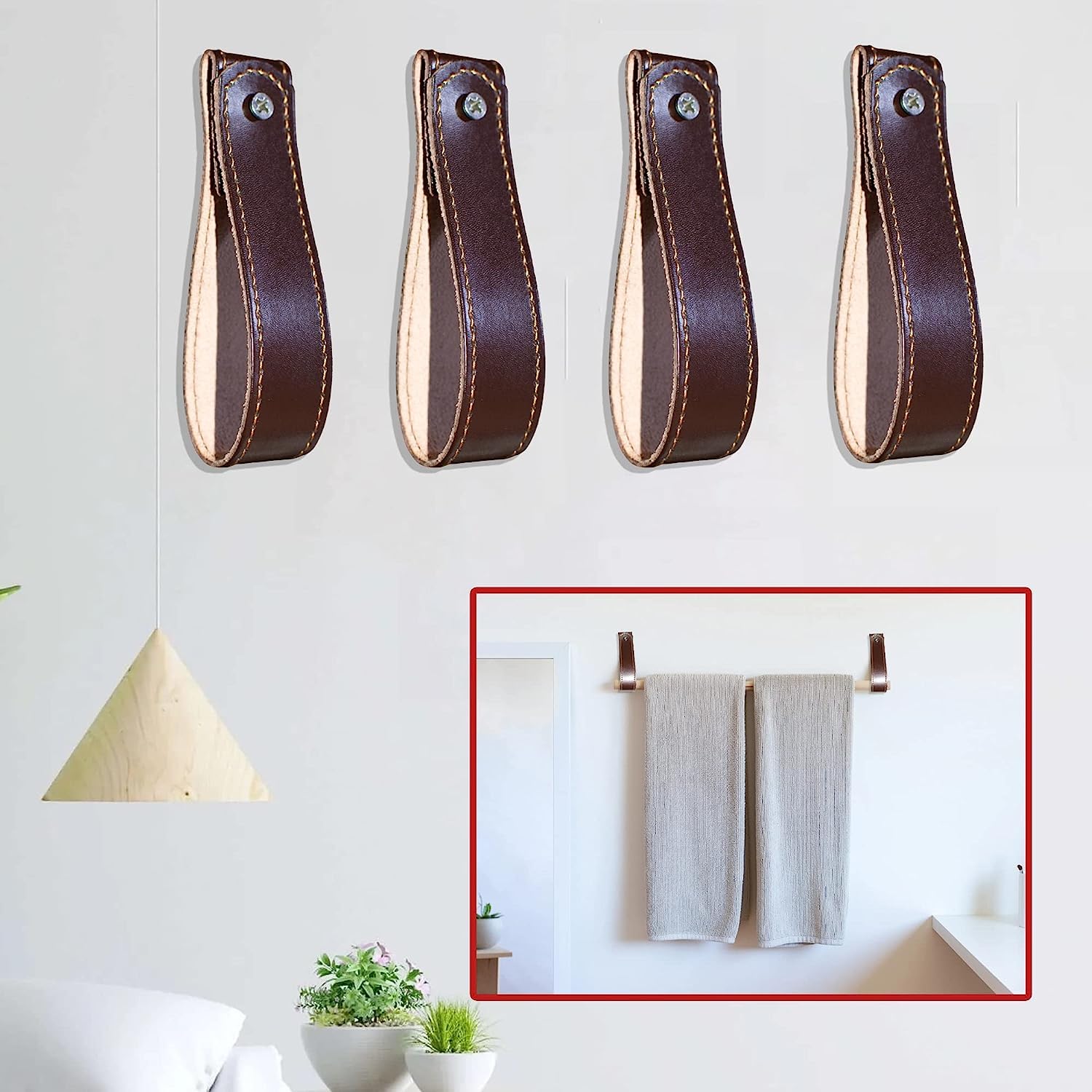 EPIGEAN Leather Curtain Rod Holder 4 Pcs Leather Straps for Hanging Genuine Leather Straps Leather Hooks for Wall Towel Bathroom Kitchen Bedroom (Dark Brown)