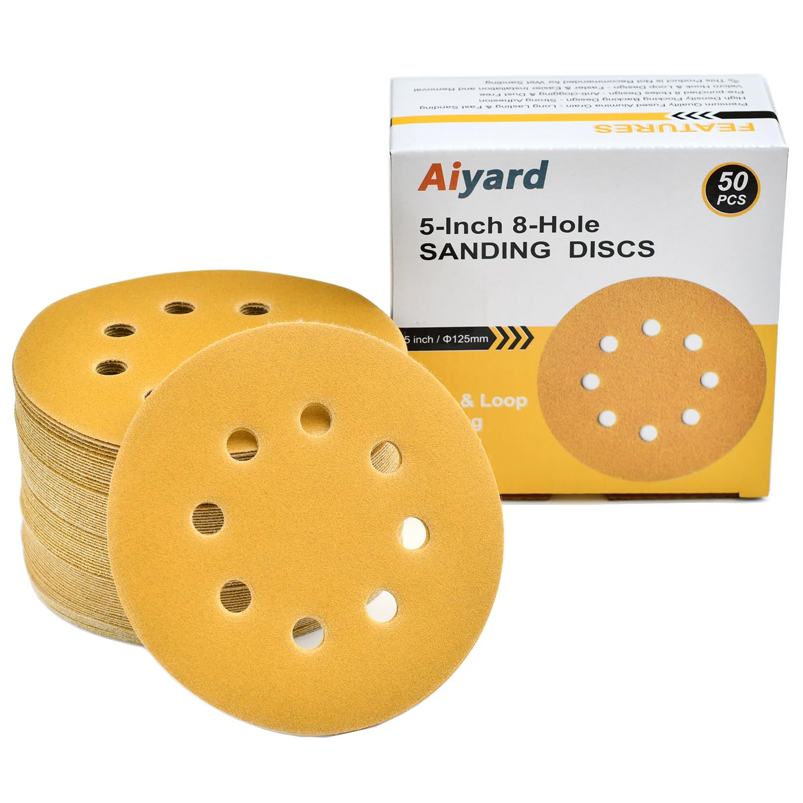 Aiyard 5-Inch 8-Hole Hook and Loop Sanding Discs 220-Grit Random Orbit Sandpaper, 50-Pack