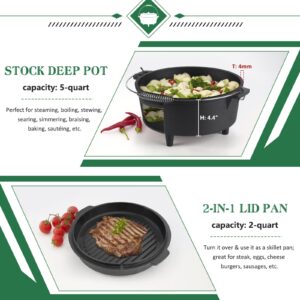 5QT Cast Iron Dutch Oven, HaSteeL Pre Seasoned Camping Pot & Lid Lifter, Large Heavy Duty Deep Pot with Feet & 2-In-1 Frying Skillet Lid, Great for Outdoor Stovetop Griddle Campfire Cooking Baking