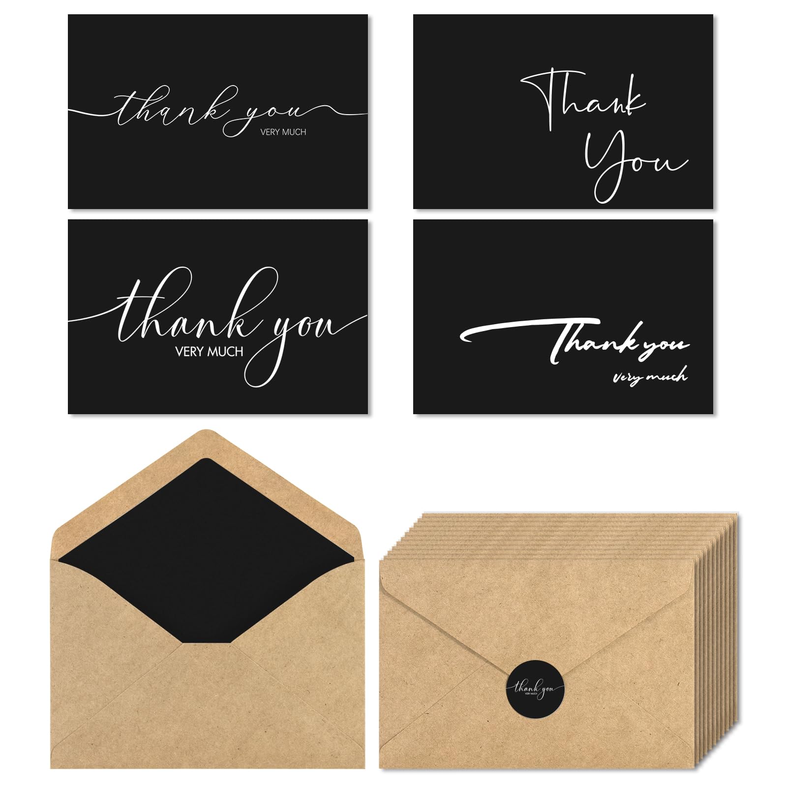 AZAZA 48 Pack Thank You Cards with kraft Envelopes and Stickers,4x6 inch Black cards,Blank Thank You Cards for Small Business,Baby Shower,Wedding,Bridal Shower,Graduation,Funeral,Black