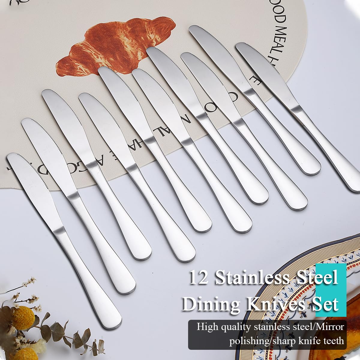 Evanda Dinner Knives 12 Pieces, Stainless Steel Steak Knives Set Table Knives, Flatware Butter knife Knives Set Silverware Set, Cutlery Set, Dishwasher Safe