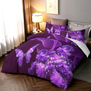 BEDROOMDECRO Purple Bedding Duvet Cover with Zipper Closure 3D Galaxy Purple Butterfly Floral Printed Bedding Soft Microfiber Comforter Cover, King (104"x90")- 3 Pieces (1 Duvet Cover +2 Pillowcases)