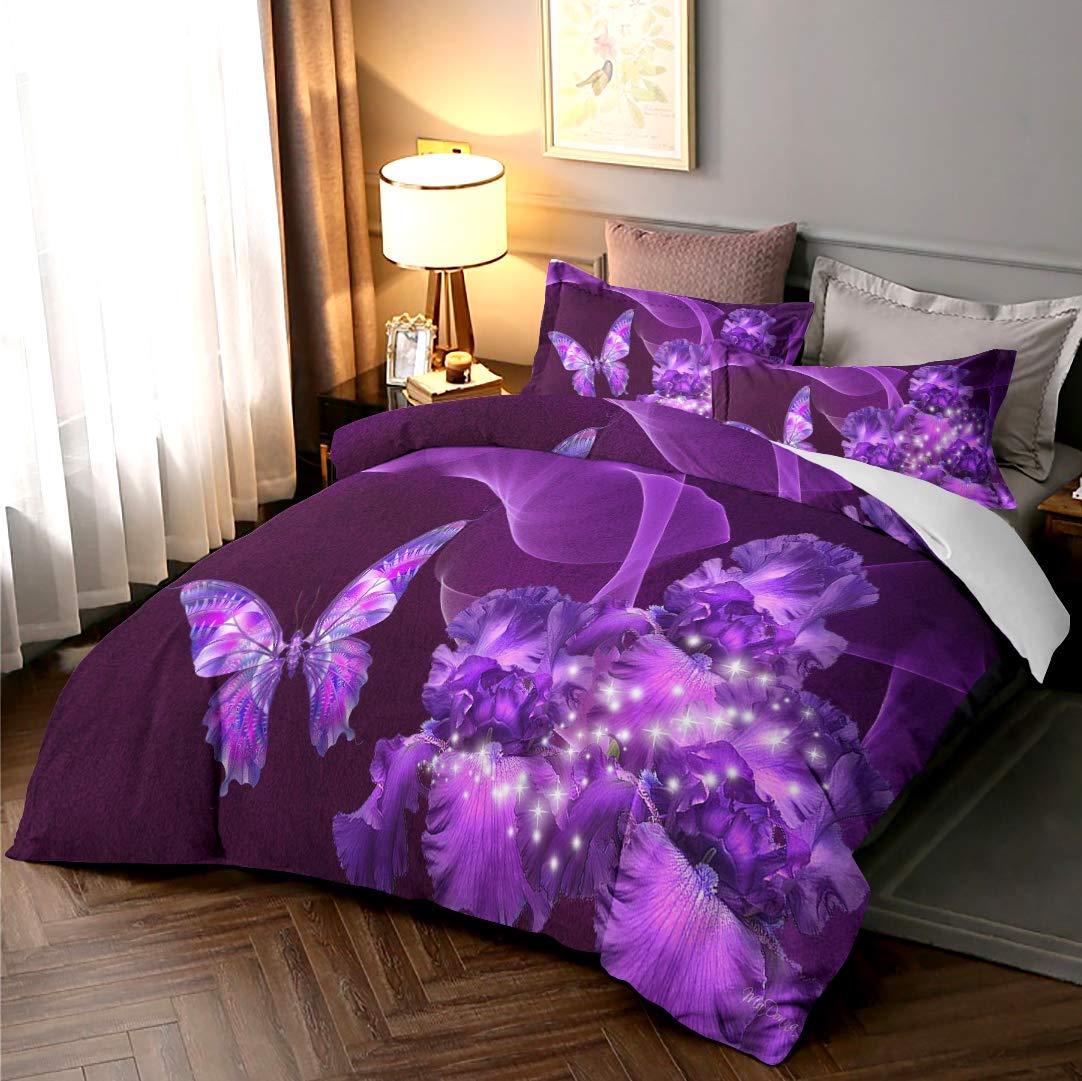 BEDROOMDECRO Purple Bedding Duvet Cover with Zipper Closure 3D Galaxy Purple Butterfly Floral Printed Bedding Soft Microfiber Comforter Cover, King (104"x90")- 3 Pieces (1 Duvet Cover +2 Pillowcases)