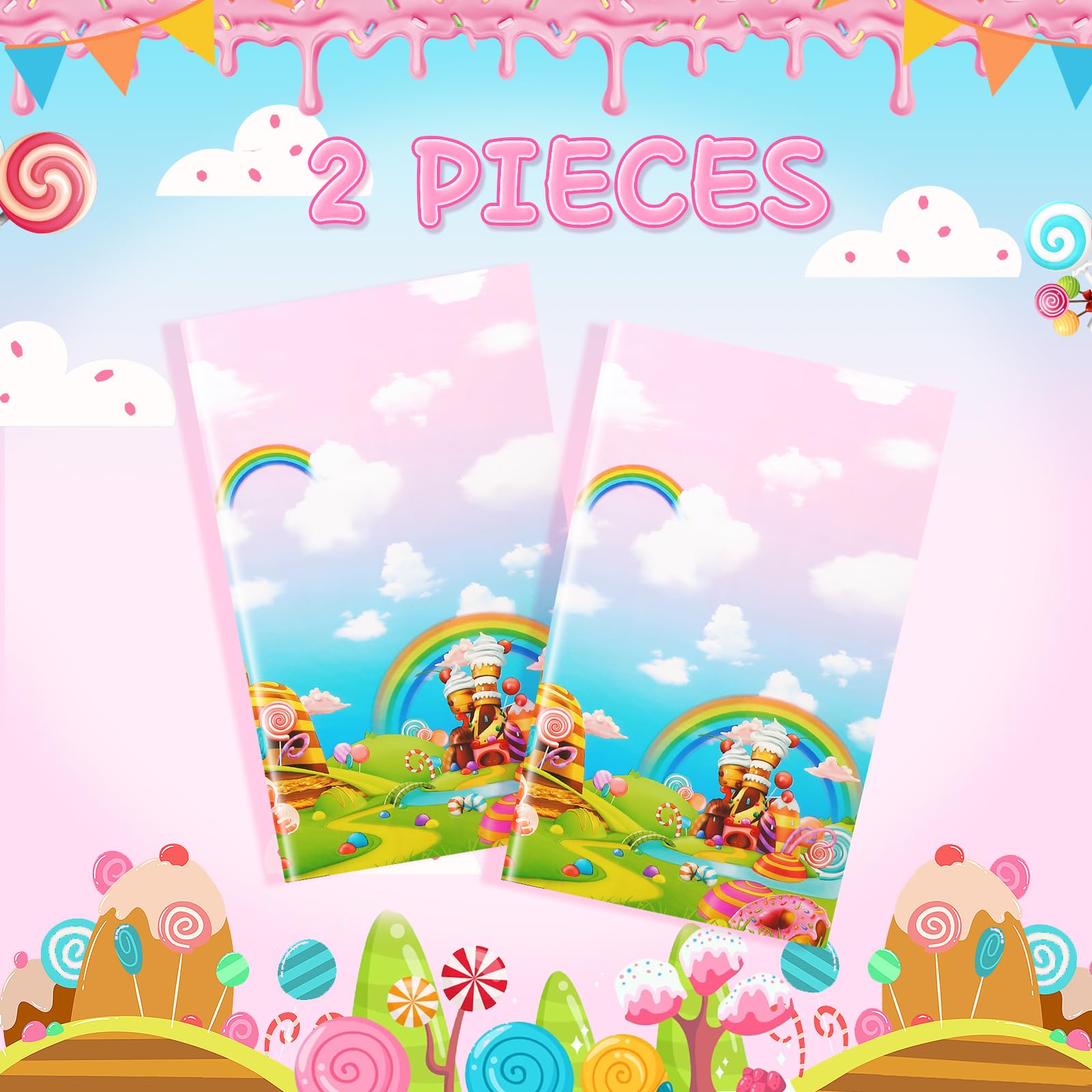 PHOGARY 2PCS Candyland Tablecloth for Candyland Party Decorations, Plastic Disposable Rectangular Candy Table Cloth for Kids Baby Shower Birthday Candyland Decorations 51" X 86"