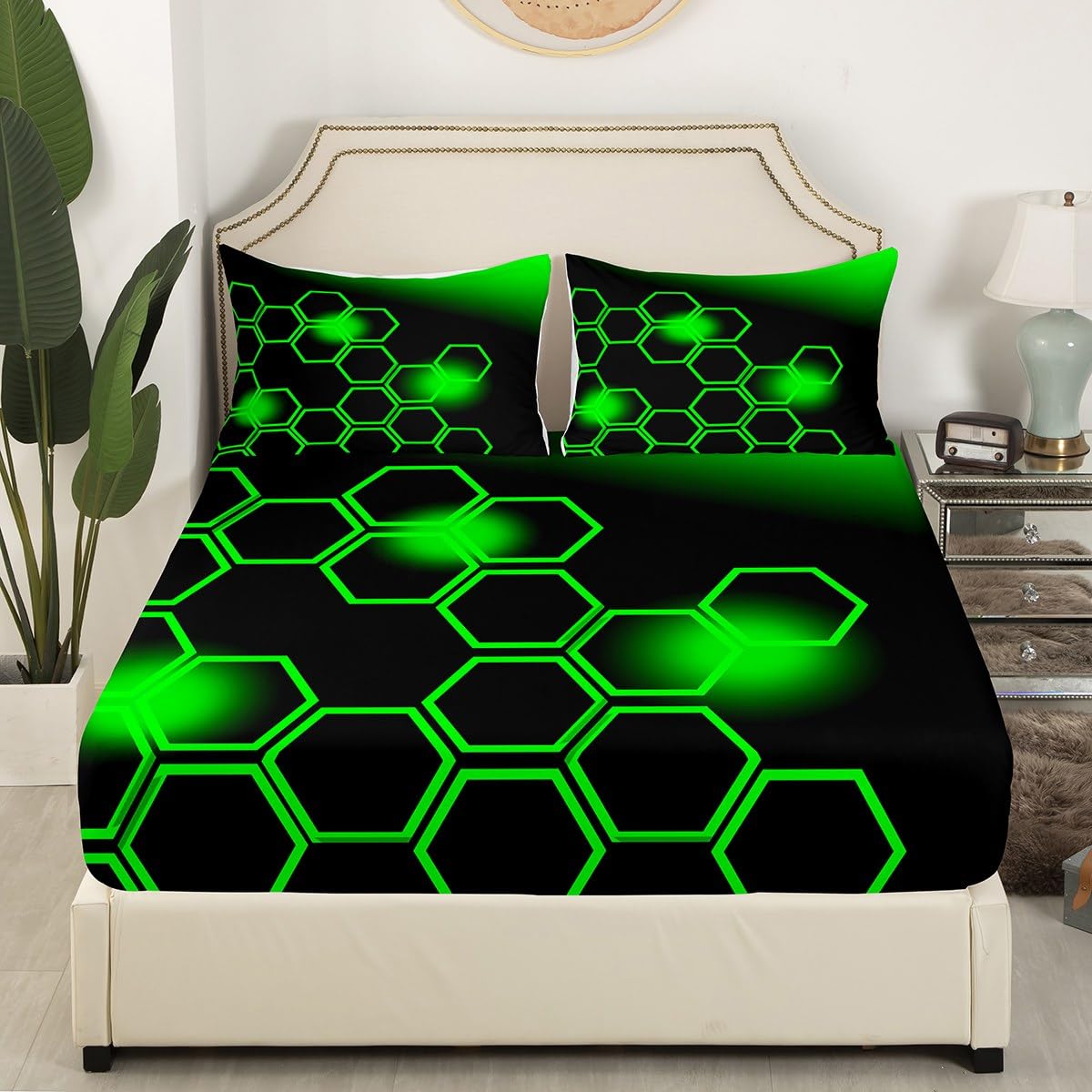 Green and Black Bed Sheets Set Twin Size Honeycomb Sheet Set for Kids Boys Girls Decor Geometrical Sheets with Deep Pocket Fitted Sheet Beehive Geometric Pattern Green Bedding Set Bedroom