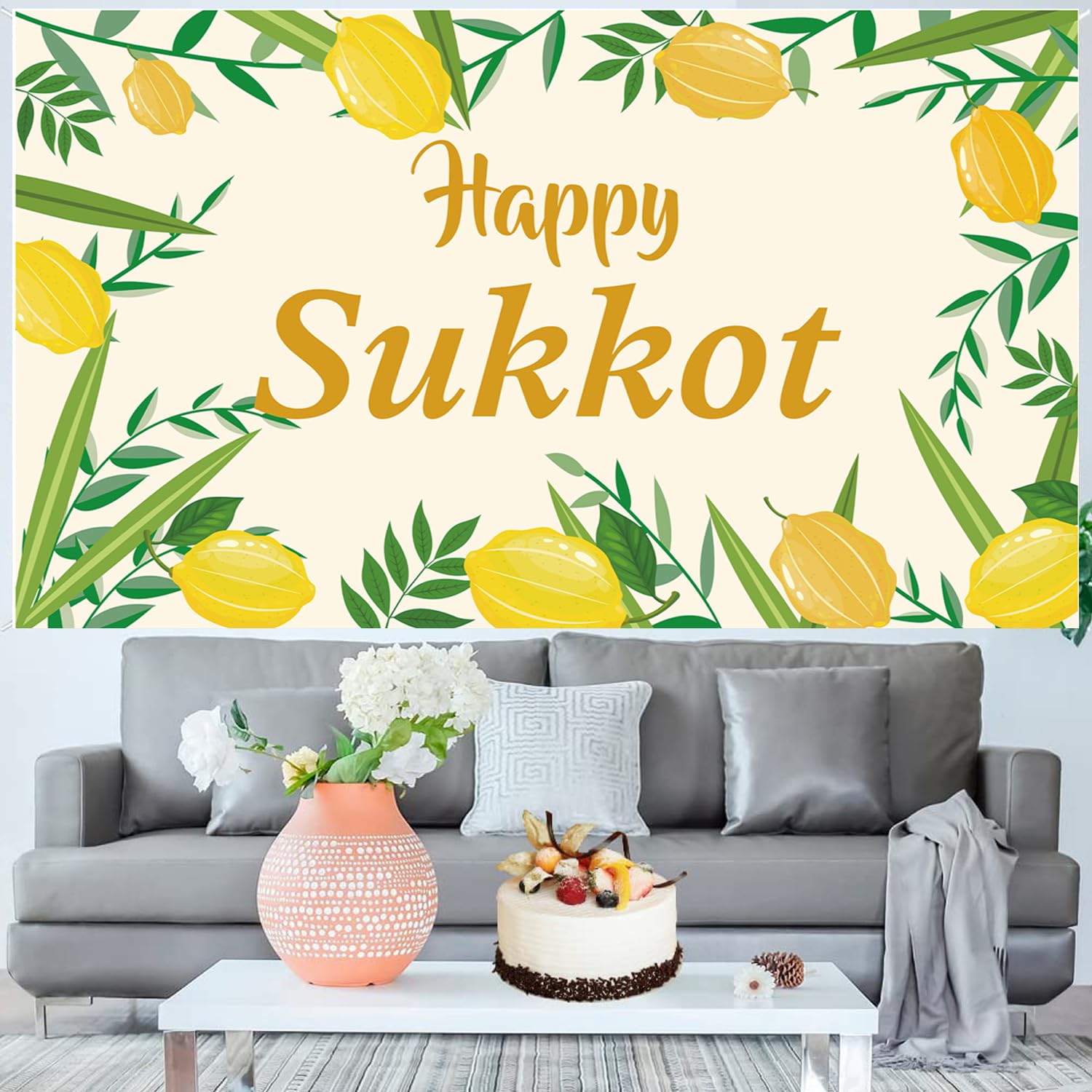 LOONELO Happy Sukkot Backdrop Banner with 70.8"X43.3", Happy Sukkah Backdrop Banner, Etrog Lulav Jewish Holiday Photography Background for Photo Booth Wedding Birthday Sukkot Party Decorations