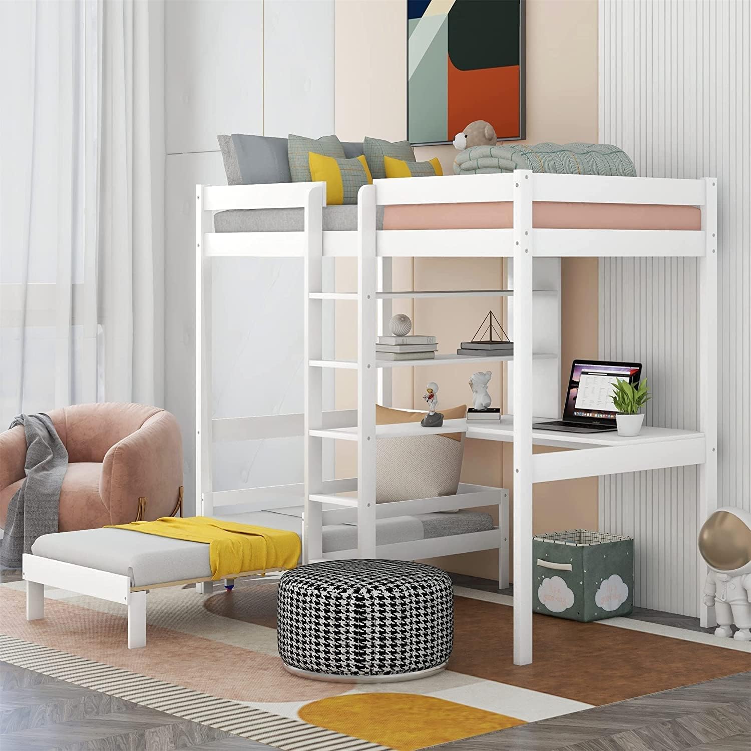 MERITLINE Twin Loft Bed with Desk,Wooden Twin Bunk Bed with Desk and Bookshelf,Convertible Loft Bed for Kids Girls Boys Teens Bedroom, No Box Spring Needed, White