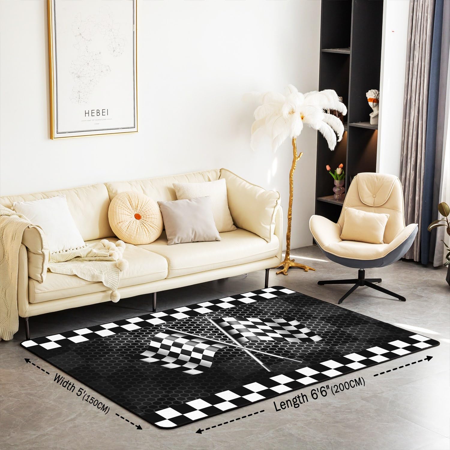 Black White Check Flag Print Area Rug 3'x5',Racing Car Extreme Sports Decor Non Shedding Rug for Kids Teen Adults,Geometry Square Honeycomb Decorative Carpet for Playroom Bedroom Dining Room