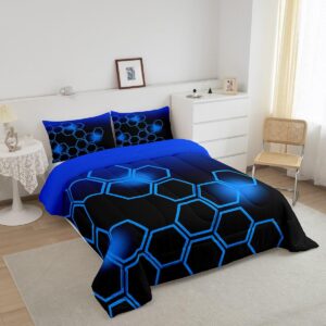 Feelyou Blue and Black Bedding Set Twin Size Honeycomb Comforter Set for Kids Boys Girls Decor Geometrical Comforter Beehive Pattern Blue Theme Duvet Set Bedroom Quilt Set